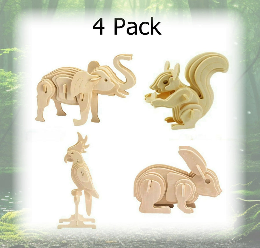 4 Pack 3D Wooden Animal Assembly Puzzle with Paint Set