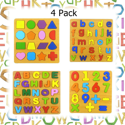 4-Pack Wood Alphabet-Numbers-Shapes Puzzle