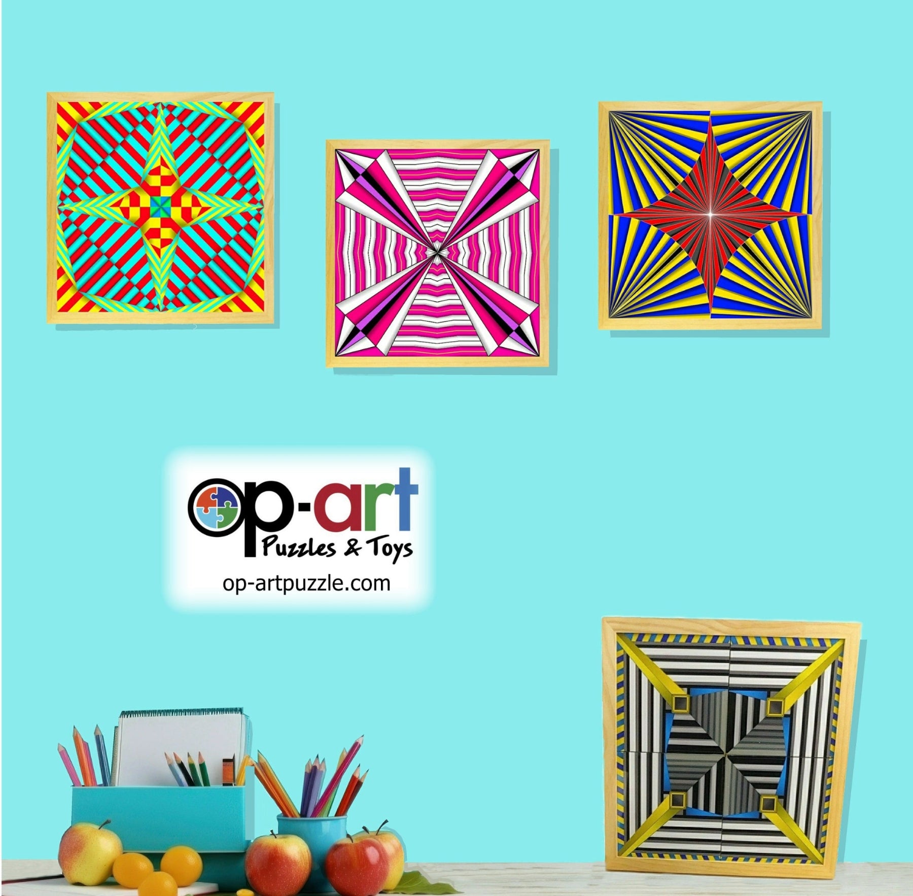 A wall display of framed Op-Art Puzzle arrangements